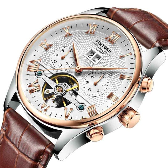 KINYUED Skeleton Tourbillon Mechanical Watch Men Automatic Classic Rose Gold Leather Mechanical Wrist Watches Reloj Hombre 2019