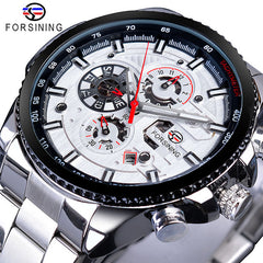 Forsining Three Dial Calendar Display Black Stainless Steel Men Automatic Wrist Watch Top Brand Luxury Military Sport Male Clock