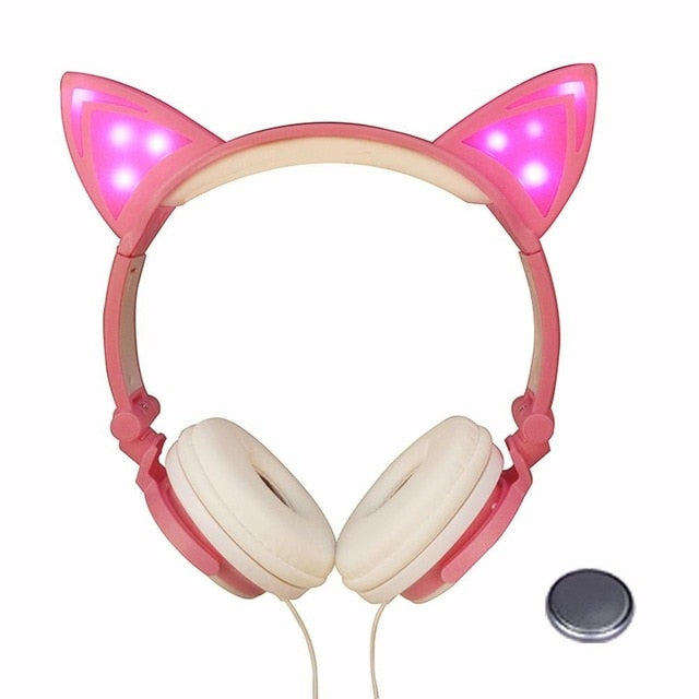 LIMSON Wired Folding Earphones Animal Cat Ear Headphones LED Flashing Gift for Kids Girls and Boys