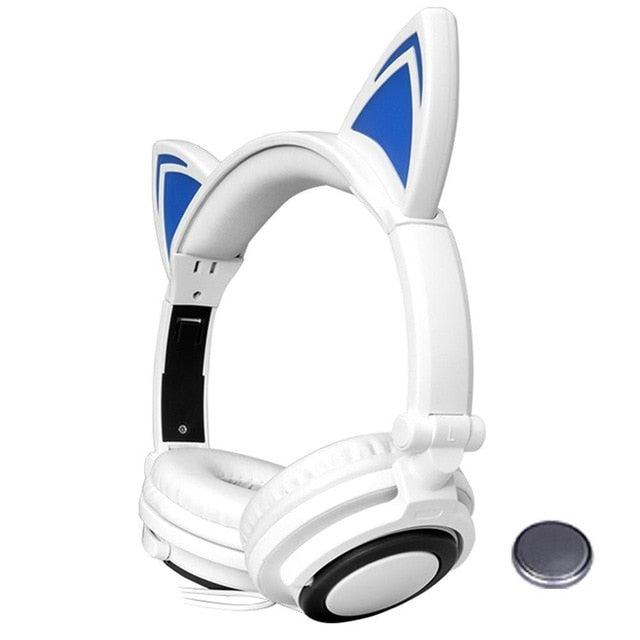 LIMSON Wired Folding Earphones Animal Cat Ear Headphones LED Flashing Gift for Kids Girls and Boys